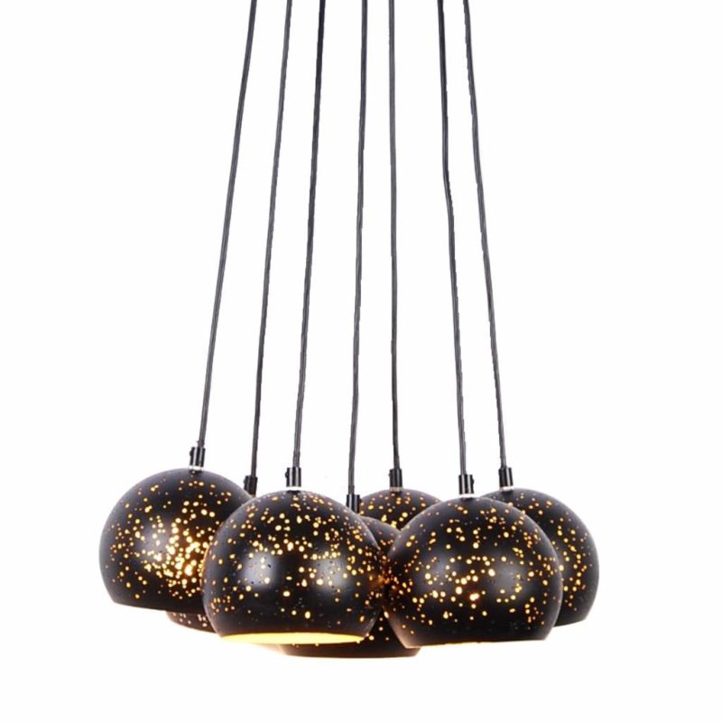 Lámpara colgante Fragor 7 luces negro-oro E27 vidrio