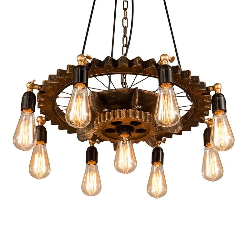 Lámpara colgante engranajes madera 65 cm, 9x E27, industrial