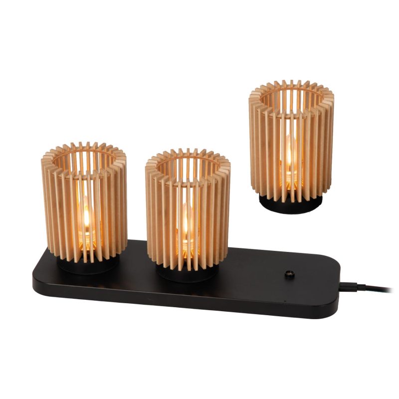LUCIDE KIM - Lampe de Table Rechargeable - Accu/Batterie - Ø 8 cm - LED 3 StepDim - Aspect Bois Clair - Set de 3 - Essential