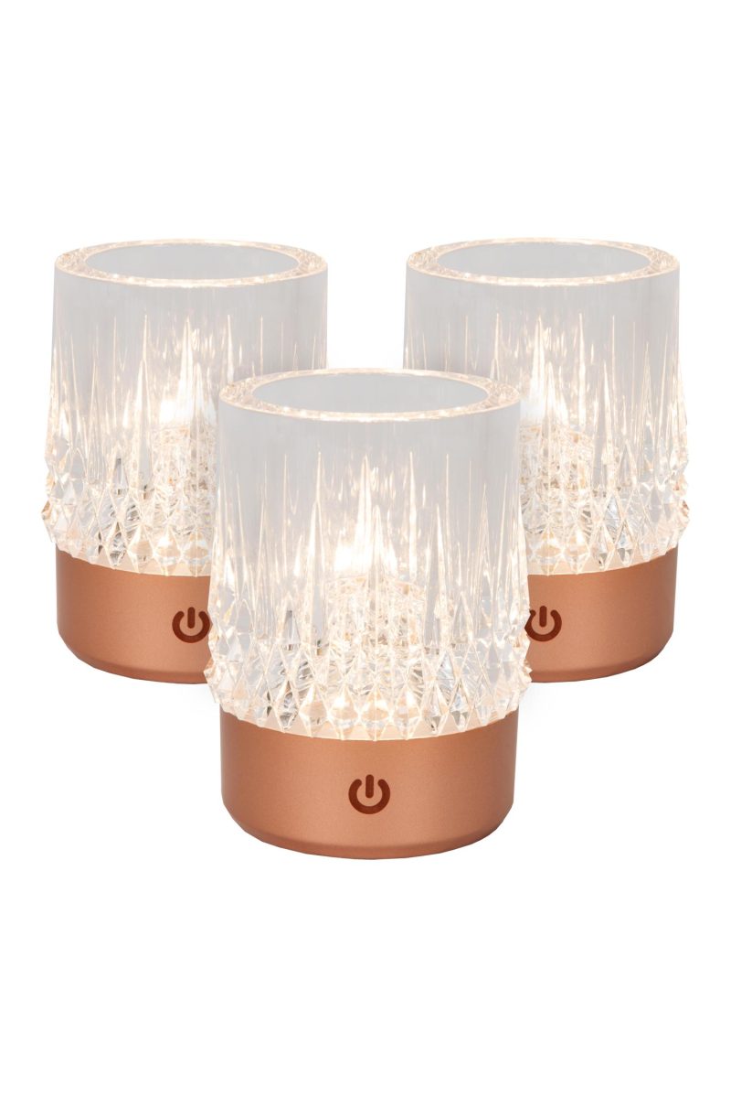 LUCIDE LILY - Lampe de Table Rechargeable - Accu/Batterie - Ø 8 cm - LED 3 StepDim - 1x3W 2700K/3000K - Cuivre - Set de 3
