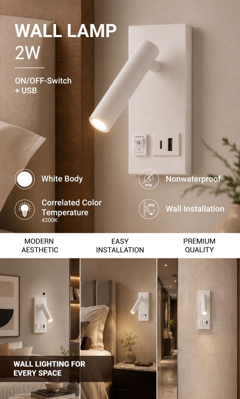 Optonica LED Cabinet Light 2W IP20 con ON/OFF - Switch + USB Bianco 4200K