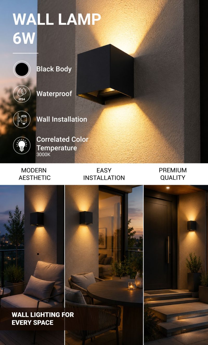 Optonica LED Wall Light Black Body Square