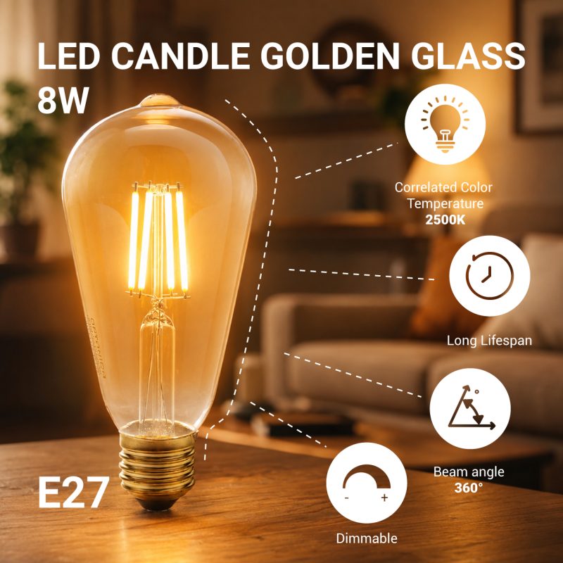 Optonica LED Candle ST64 8W Golden Glass Dimmable
