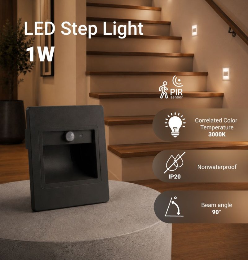Optonica LED Step Light Square 1W 3000K IP20 Grey + Sensor