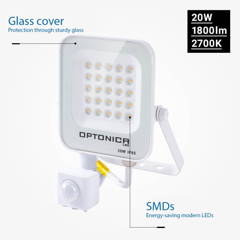 Optonica LED SMD Floodlight White Body IP65 With Sensor