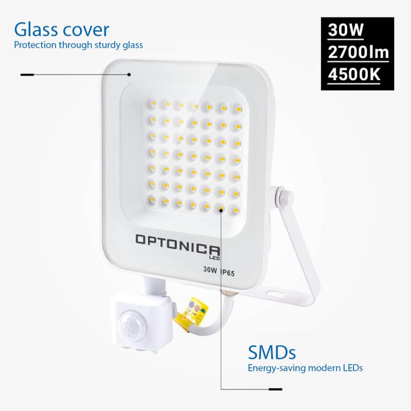 Optonica LED SMD Floodlight White Body IP65 With Sensor