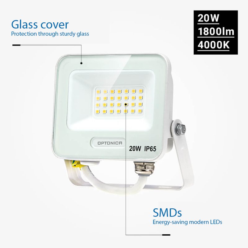 Optonica LED SMD Floodlight White Body IP65 with 15 cm Cable