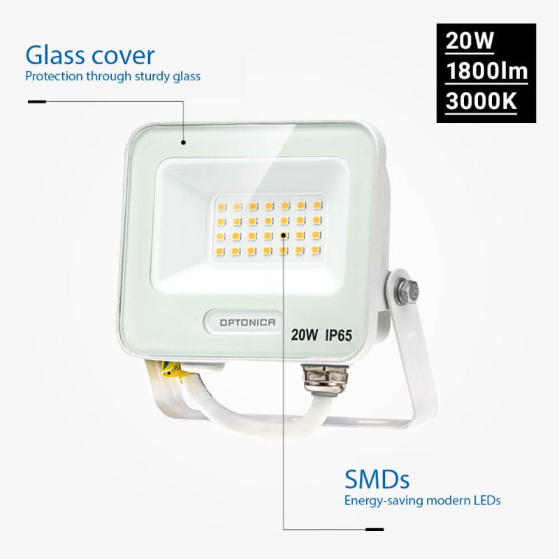 Optonica LED SMD Floodlight White Body IP65 with 15 cm Cable