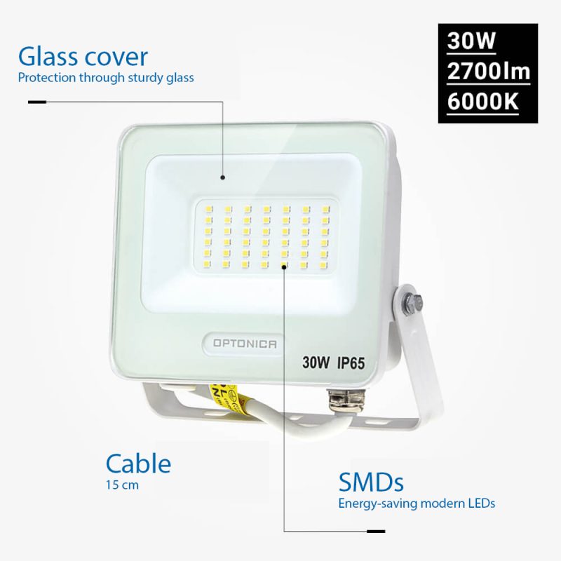 Optonica LED SMD Floodlight White Body IP65 with 15 cm Cable