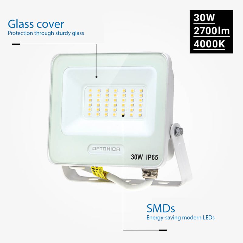 Optonica LED SMD Floodlight White Body IP65 with 15 cm Cable