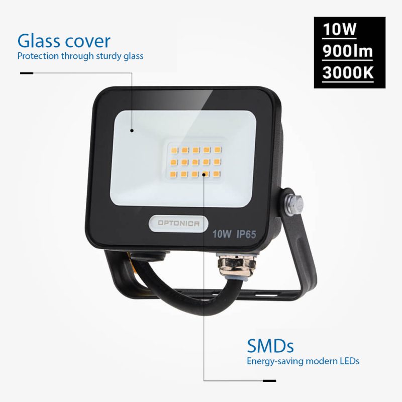 Optonica LED SMD Floodlight Black Body IP65 with 15 cm Cable