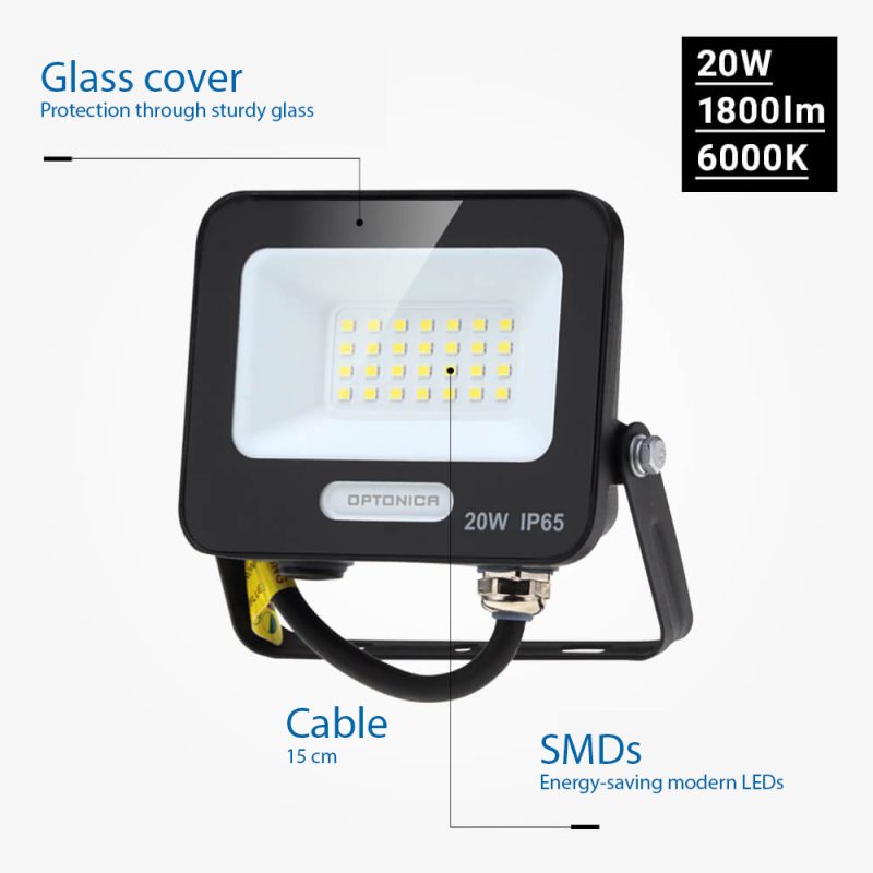 Optonica LED SMD Floodlight Black Body IP65 with 15 cm Cable