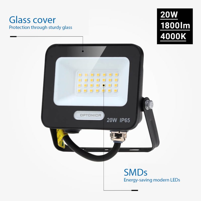 Optonica LED SMD Floodlight Corpo Nero IP65 con Cavo da 15 cm