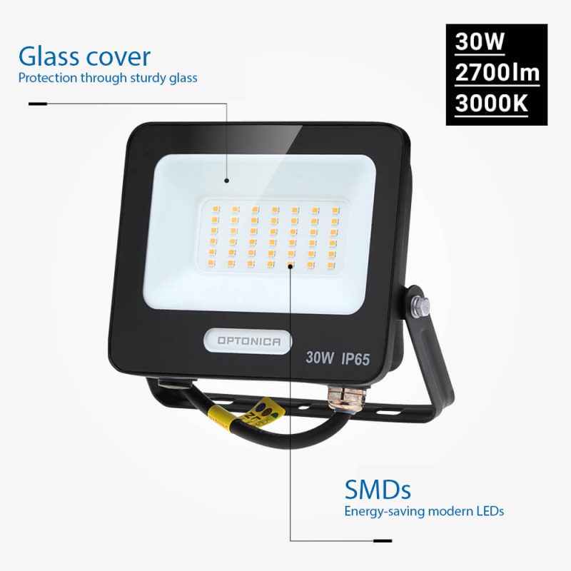 Optonica LED SMD Floodlight Corpo Nero IP65 con Cavo da 15 cm