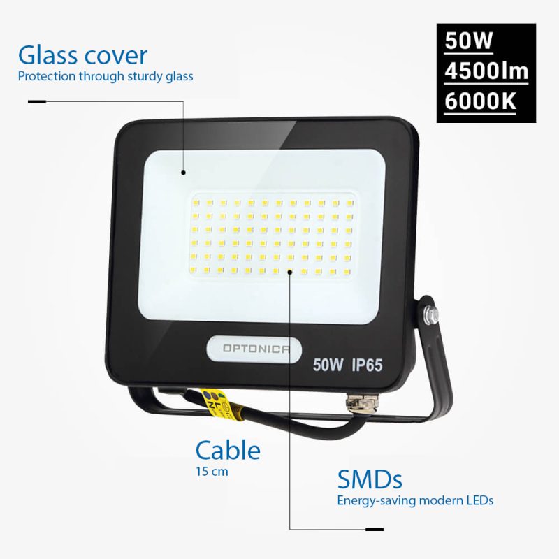 Optonica LED SMD Floodlight Corpo Nero IP65 con Cavo da 15 cm