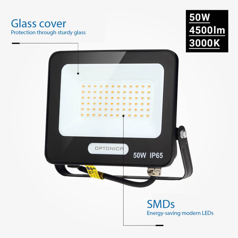 Optonica LED SMD Floodlight Black Body IP65 with 15 cm Cable