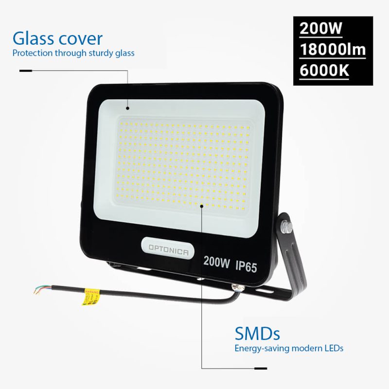 Optonica LED SMD Floodlight Black Body IP65 with 30cm Cable
