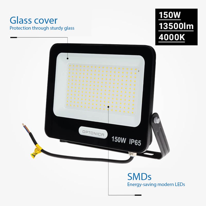 Optonica LED SMD Floodlight Black Body IP65 with 30cm Cable
