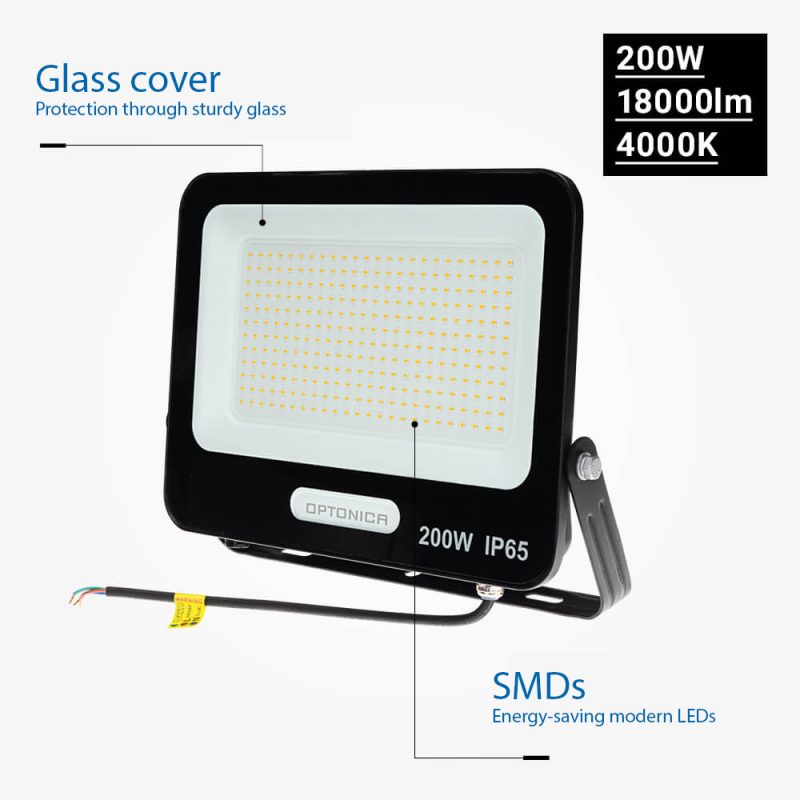 Optonica LED SMD Floodlight Corpo Nero IP65 con Cavo da 30cm