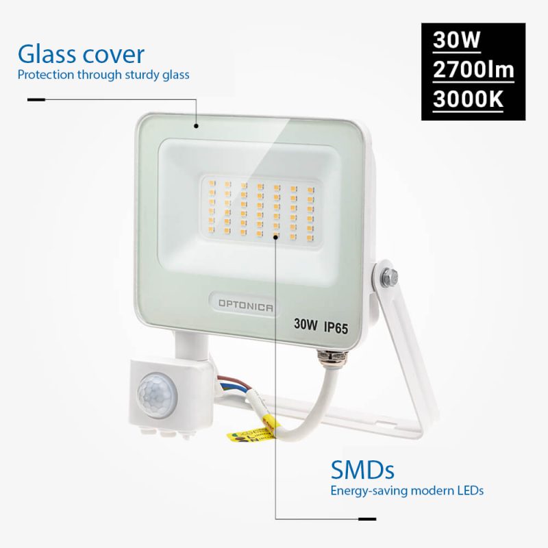 Optonica LED SMD Floodlight IP65 White Body with Sensor