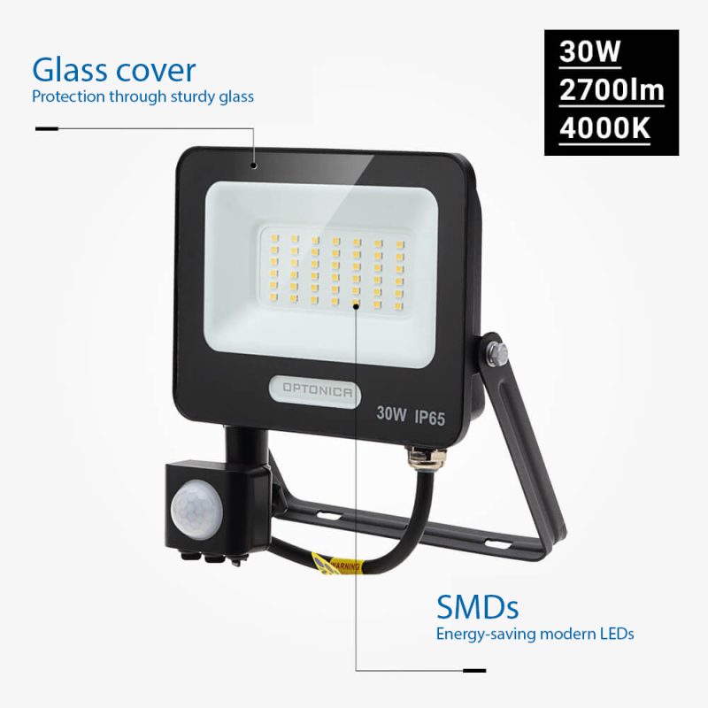 Optonica LED SMD Floodlight IP65 Black Body with Sensor