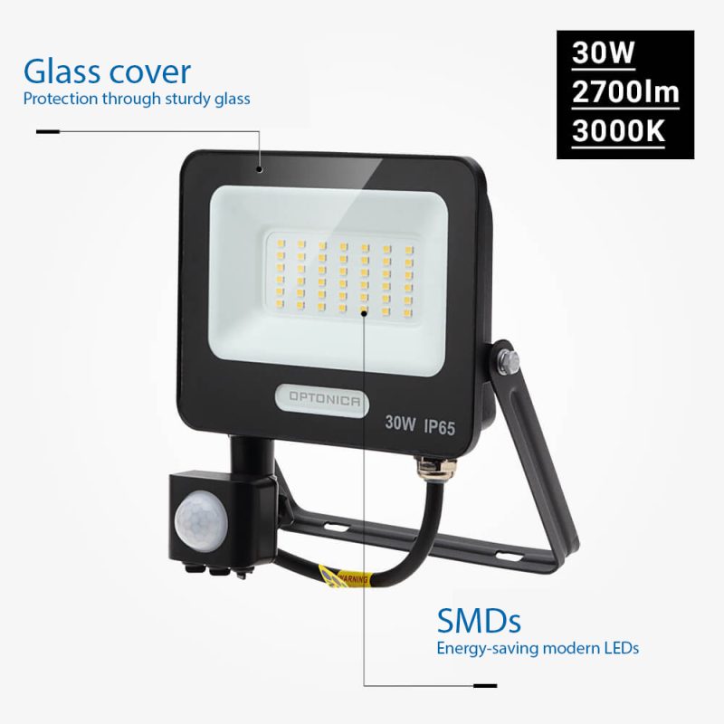 Optonica LED SMD Floodlight IP65 Black Body with Sensor