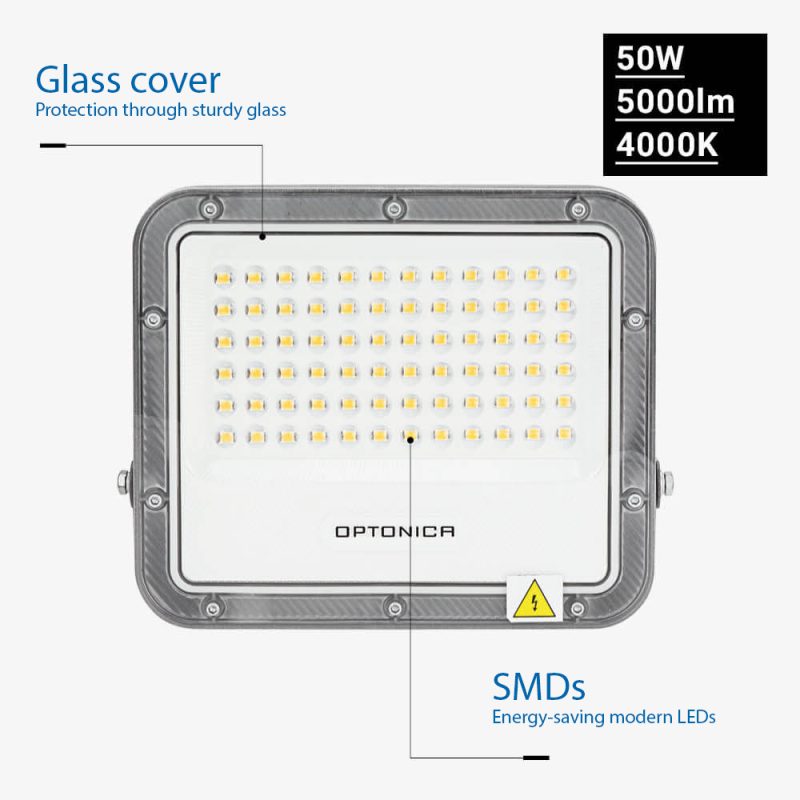 Optonica LED SMD Floodlight 50W Grey Body IP65 with 100cm Cable