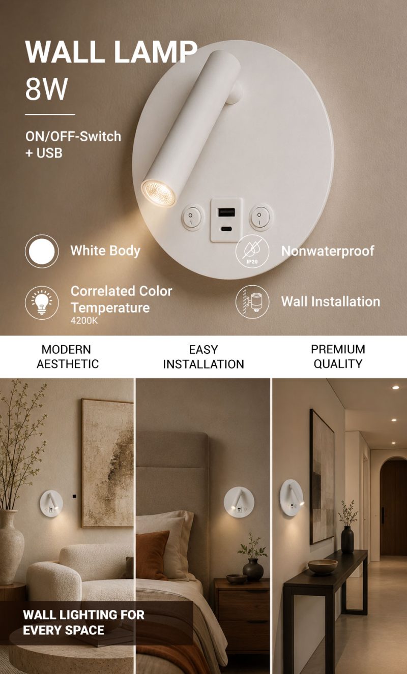 Optonica LED Wall Light 8W With ON/OFF-Switch + USB White