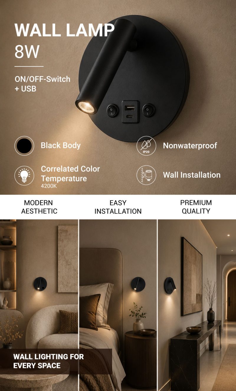 Optonica LED Wall Light 8W With ON/OFF-Switch + USB Black