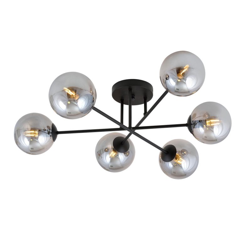 Emibig Grande lampada da soffitto nera con sfere in vetro fumé 6x E14