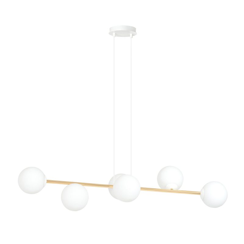 Emibig Hanglamp messing en wit met 6 mat witte glazen bollen