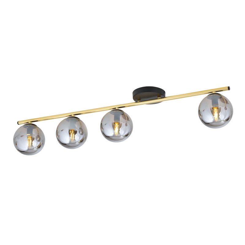 Emibig Lampada da soffitto lunga 4x E14 in ottone e nero con sfere di vetro fumé