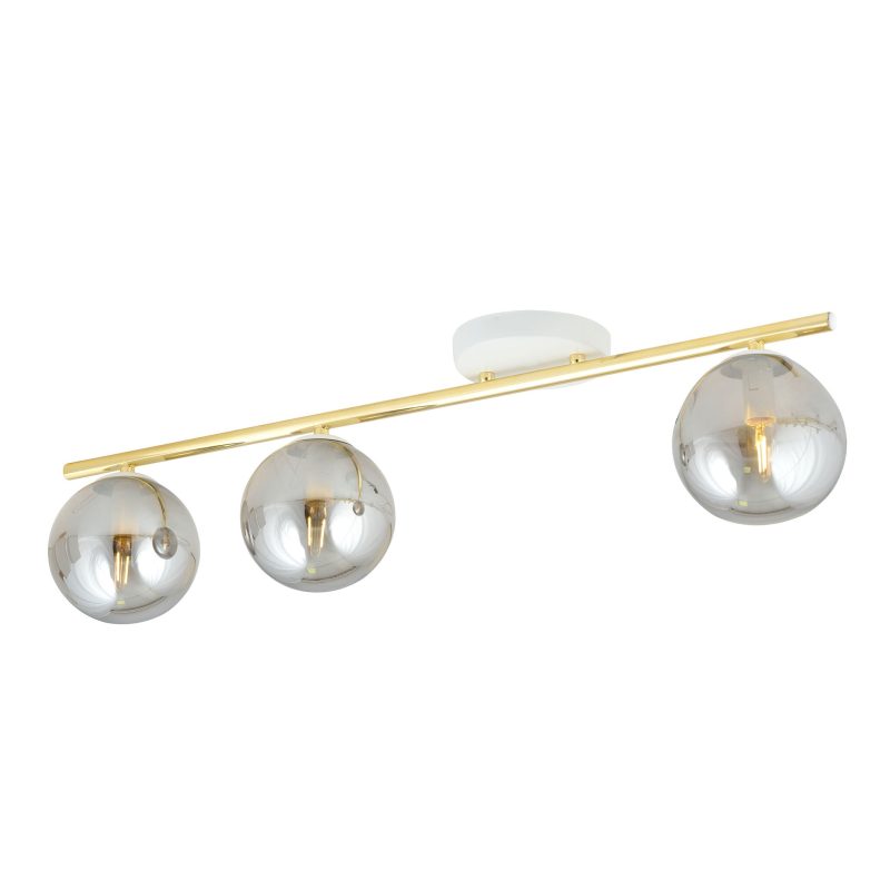 Emibig Lampada da soffitto lunga bianca e ottone 3x E14 con sfere di vetro fumé