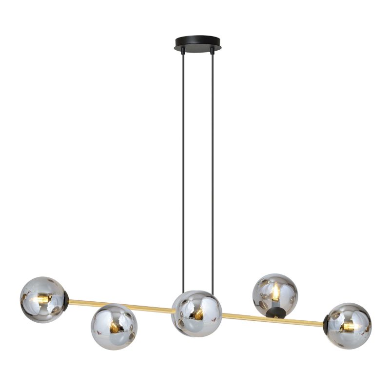 Emibig Hanglamp zwart en messing met 6 gefumeerde glazen bollen