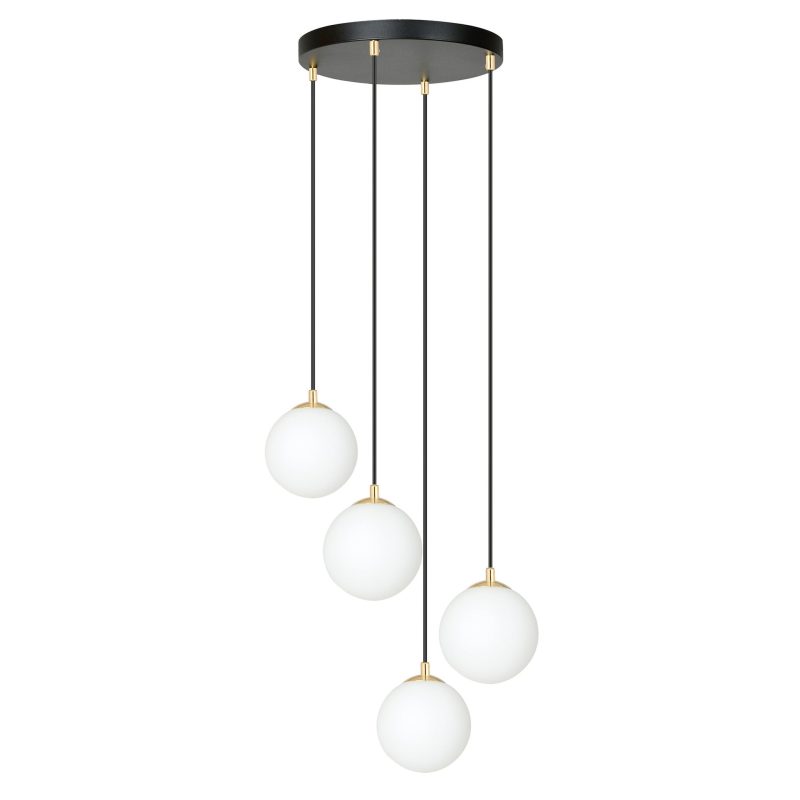 Emibig Lampada a sospensione 4 bulbi nera con ottone e vetro bianco