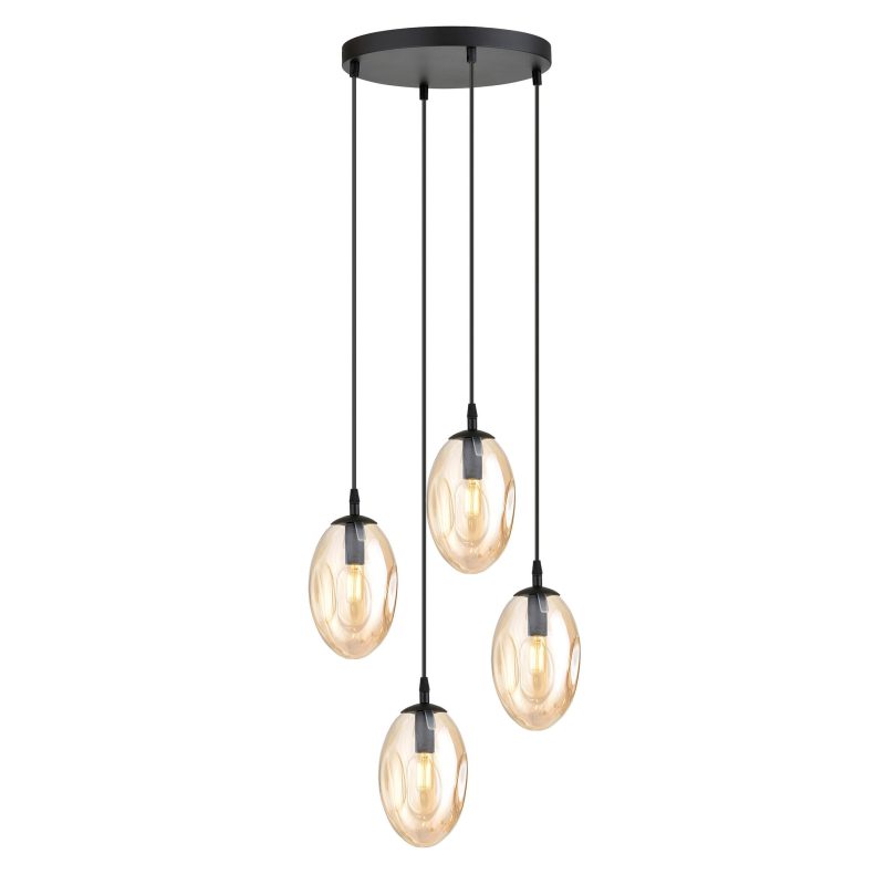 Emibig Lampada a sospensione con 4 pendenti E14 nera in vetro soffiato ambra