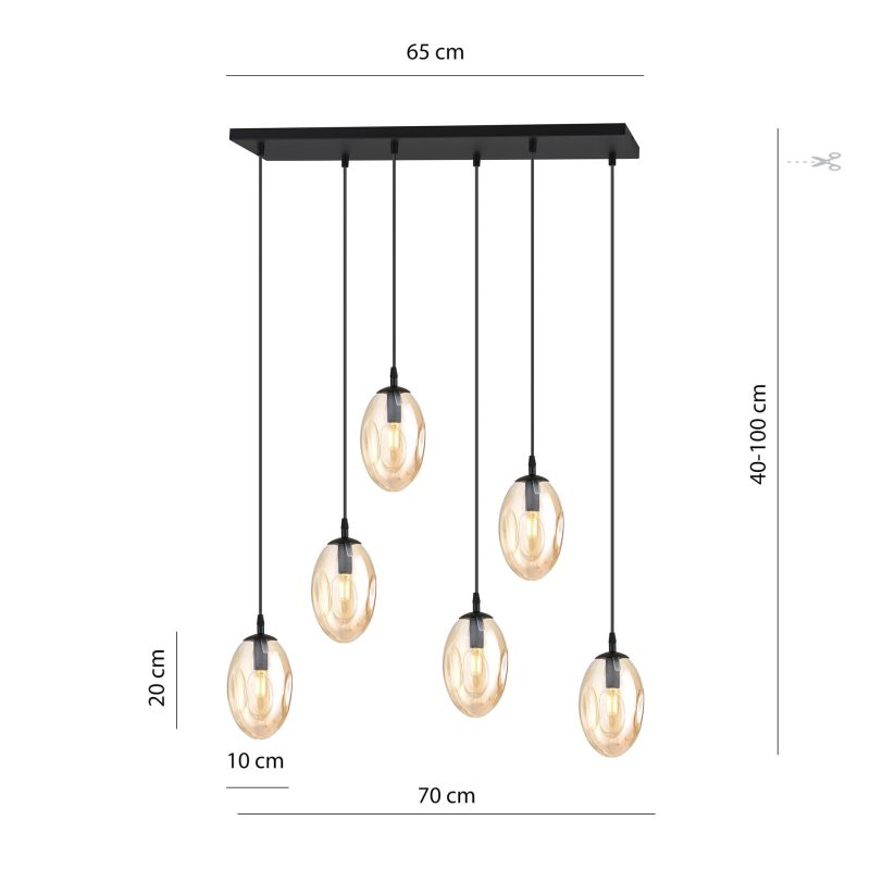 Emibig Grote lange hanglamp met 6 amberkleurige glazen pendels E14