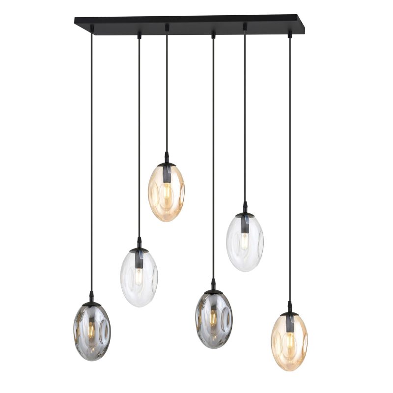 Emibig Long dining table lamp with 6 pendants E14 with different blown glass