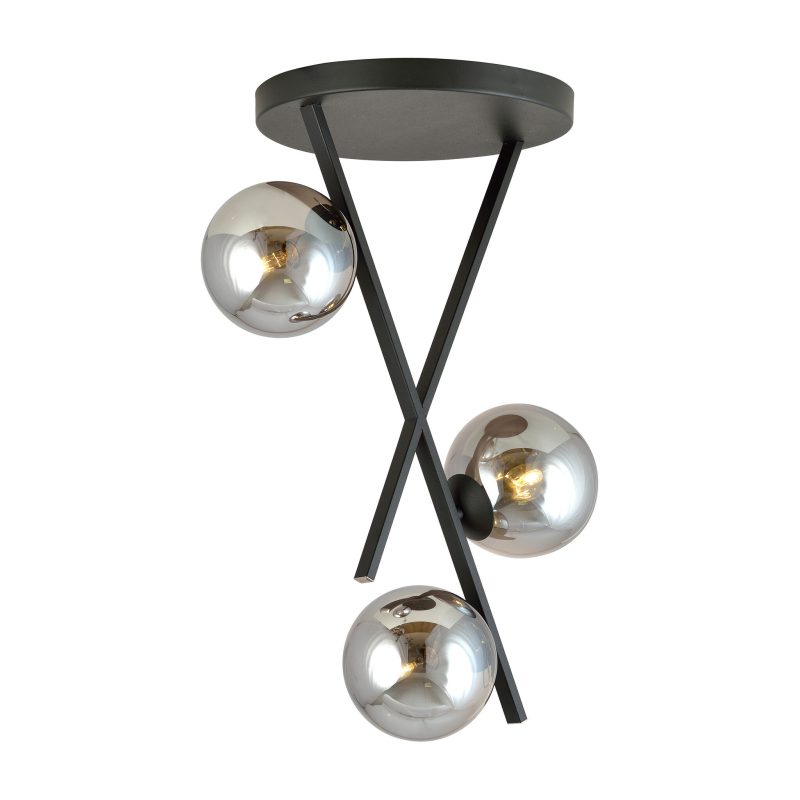 Emibig Lampe de plafond design noire avec tiges et 3 boules en verre fumé E14