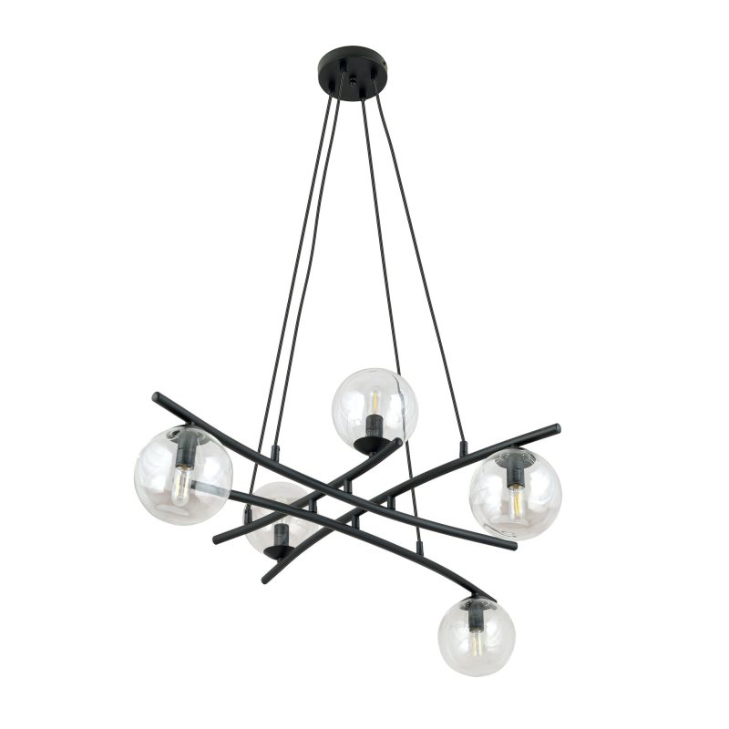 Emibig Schwarze Design-Hängelampe mit 5 transparenten Glaskugeln E14