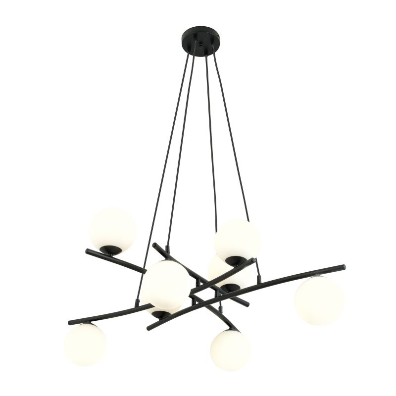 Emibig Lampada a sospensione nera molto grande con 8 sfere di vetro opalino E14