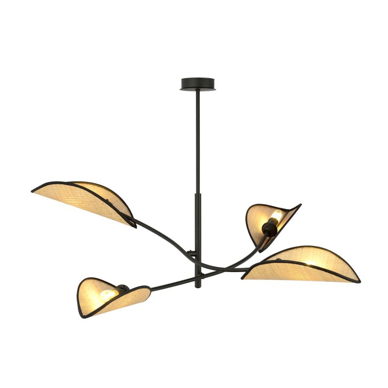 Emibig Lampada a sospensione nera con rattan a 4 bracci e foglie trasparenti