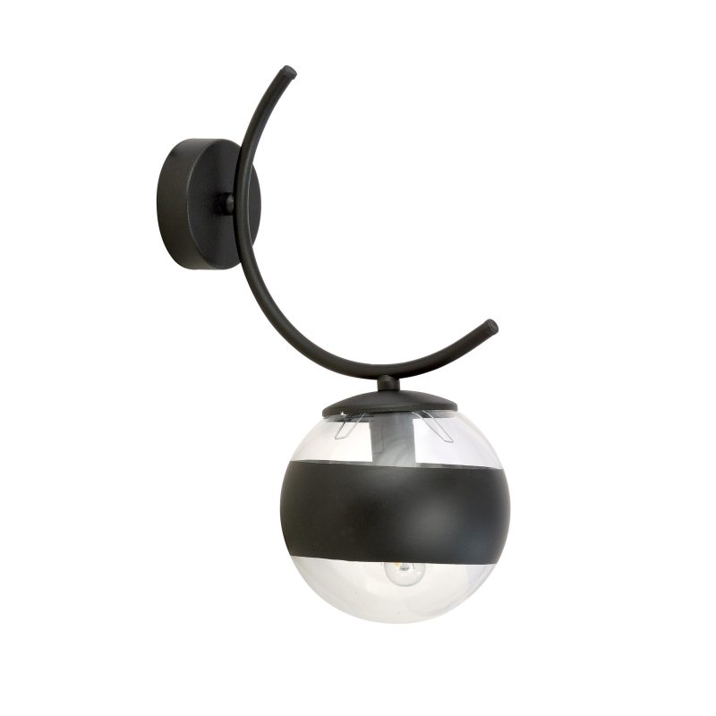 Emibig Applique murale nera curva Copenaghen con 1 vetro a sfera striato E14