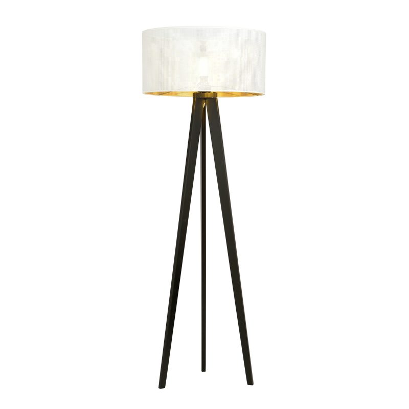 Emibig Lampada da terra 3 gambe Skive con paralume in tessuto robusto 1x E27 bianco e oro