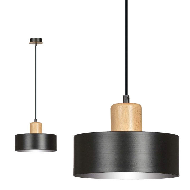 Emibig Lampada a sospensione rotonda nera Lolland con colore legno naturale E27