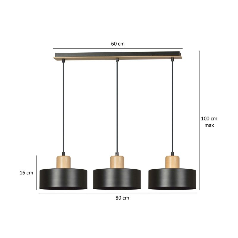 Emibig Lolland lampada a sospensione nera lunga con finitura in legno naturale 3x E27