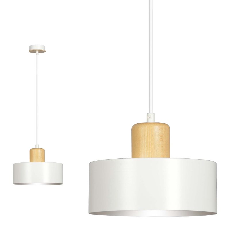 Emibig Lampada a sospensione rotonda bianca Lolland con colore legno naturale E27