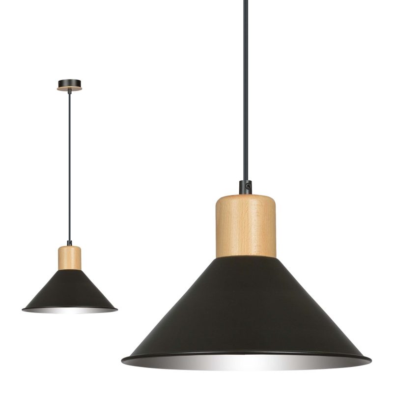Emibig Lampada a sospensione conica nera con legno E27