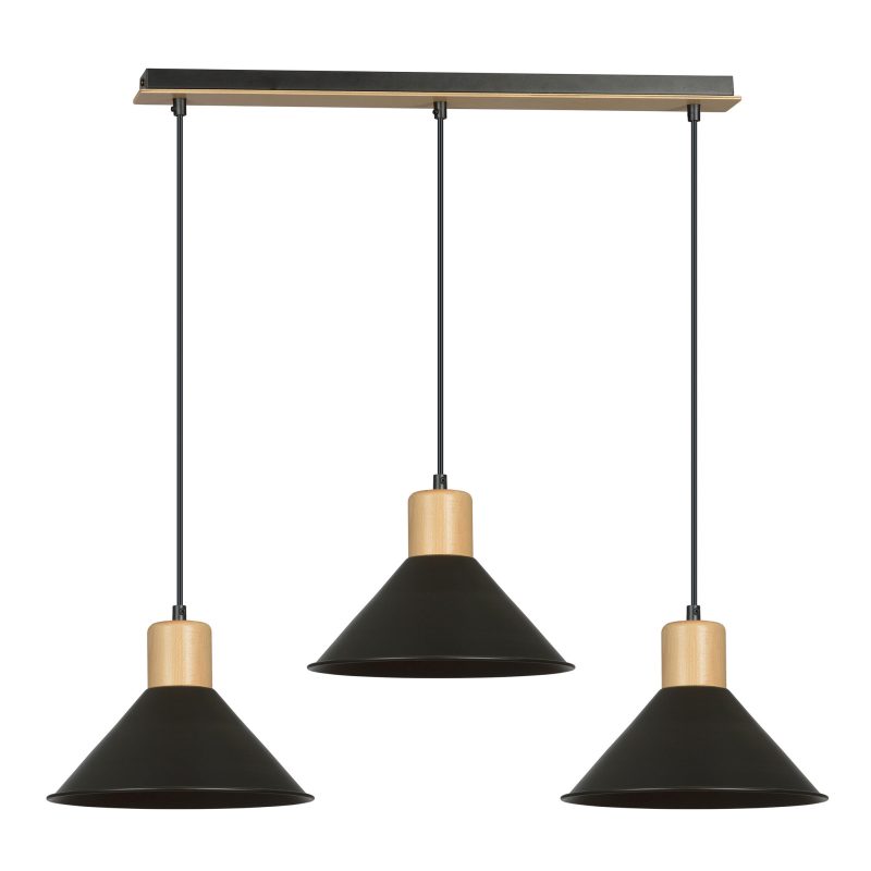 Emibig Vejen lampada a sospensione lunga nera con legno 3x E27 paralumi conici