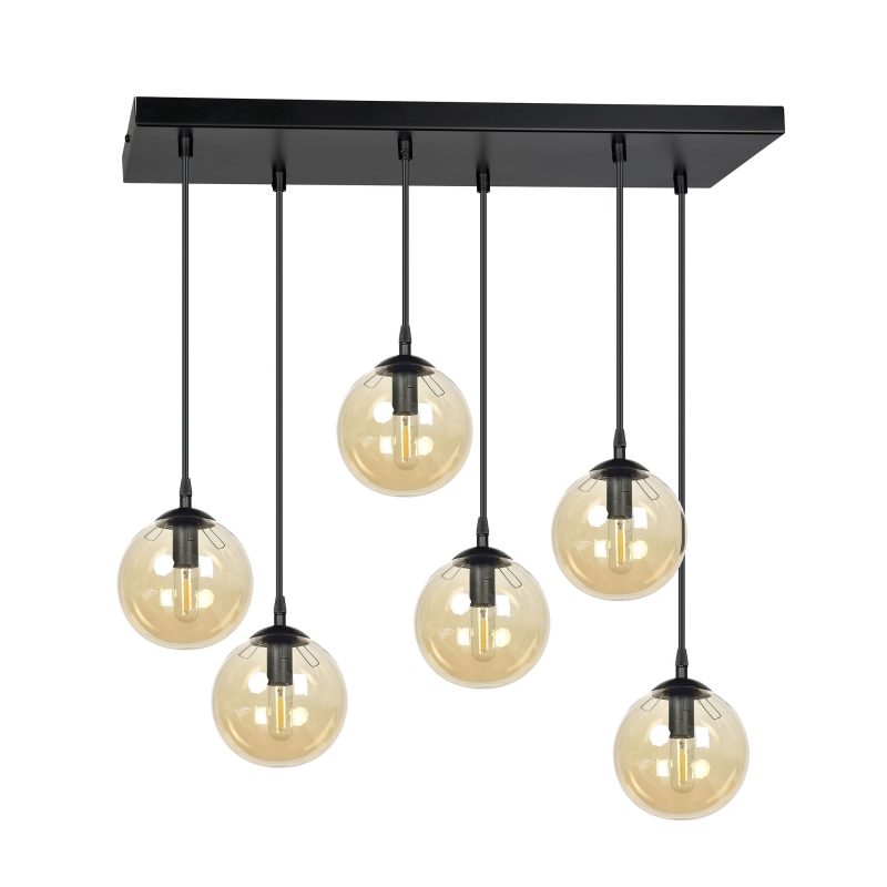 Emibig Glostrup brede zwarte 6 lamp hanglamp met amber gekleurd glas voor E14 lampen
